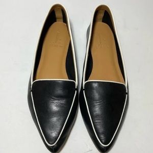 J. Crew Black Pointed Toe Leather Loafers With White Piping Detail Size 9